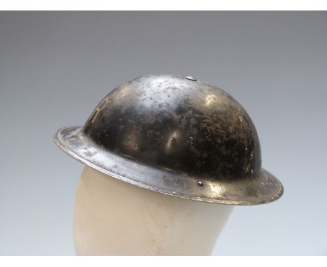 British WW2 Home Front steel helmet R painted over older ARP decals, remnants of old paper label to inner rim for Totterdown&