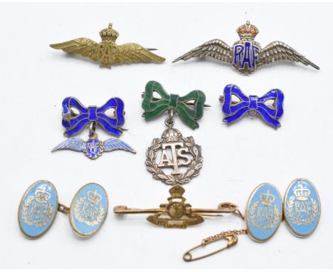 Royal Air Force silver and enamel brooches and cufflinks, together with an Auxiliary Territorial Service brooch in silver and