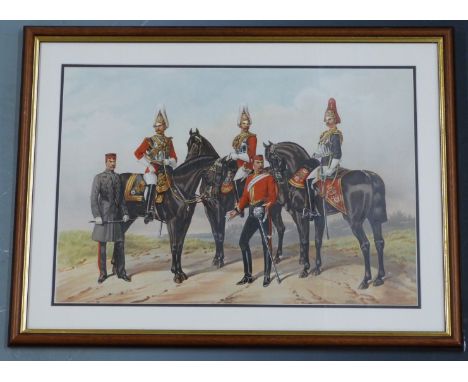 Five framed military prints including 'Blues and Royals', two pictures taken from 'Boys Own Paper', 'The Scottish Regiments o