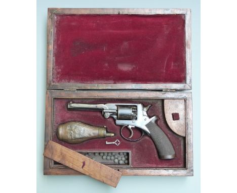 Adams 120 bore five-shot double action percussion revolver with chequered wooden grip, frame engraved 'Adam's Patent 35591 R'