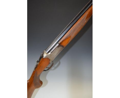 Lanber 12 bore over and under ejector shotgun with engraved lock, trigger guard, underside, top plate and thumb lever, cheque