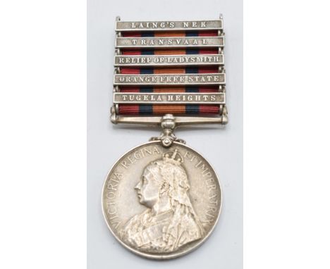 British Army Queens South Africa medal with ghost dates, clasps for Tugela Heights, Orange Free State, Relief of Ladysmith, T