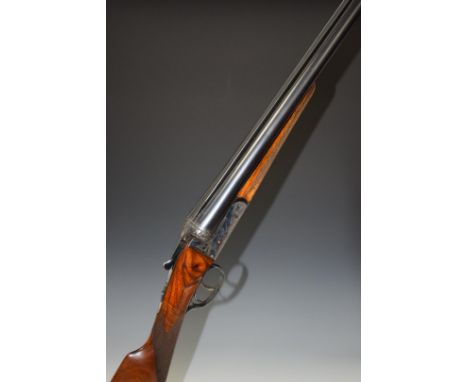 Laurona 12&nbsp;bore side by side shotgun with engraved lock, trigger guard, underside, thumb lever, fences and top plate, ch