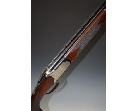 Lanber 12 bore over and under ejector shotgun with floral engraved locks, underside, trigger guard and underlever, chequered 