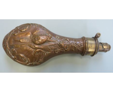 G &amp; JW Hawksley copper and brass powder flask with embossed scrolling decoration around birds, 21cm long
