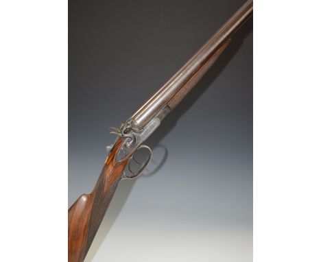 Unnamed English 12 bore&nbsp;side by side hammer action shotgun with engraved lock, hammers, trigger guard, underside, thumb 