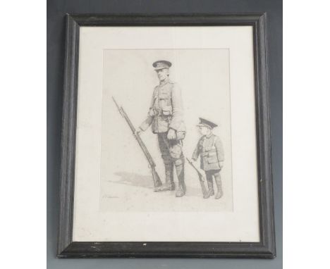 Drawing of a soldier of the Leicestershire Regiment with his son 'One Day Dad', signed R A Warmisham, 45 x 55cm&nbsp;&nbsp;