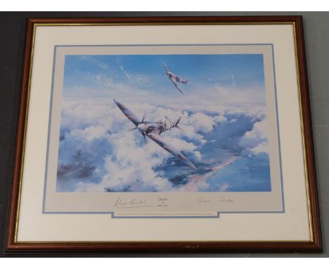 Robert Taylor first edition print 'Spitfire' signed by Douglas Bader and Johnnie Johnson, in glazed frame, overall size 67 x 