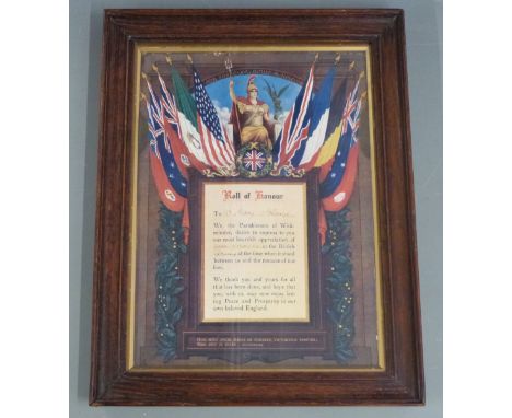 British Army WW1 framed Roll of Honour named to Henry Strange from the Parishioners of Whitminster. Frame 33 x 42cm