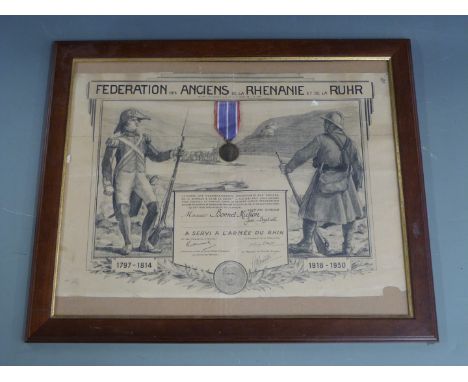 French framed medal and certificate for Jean-Baptiste Bonnet Michon for 'services to the Army of the Rhin', frame size 57 x 4