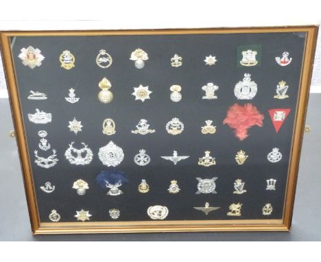 Forty-nine British Army cap badges including Royal Scots, Anglia Regiment, Highland Light Infantry, Royal Irish Rangers, Glou