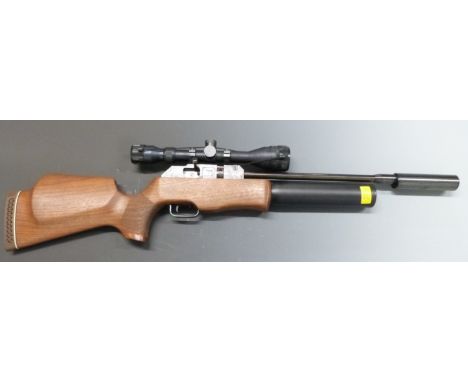 Theoben Rapid 7 .22 PCP air rifle with semi-pistol grip, raised cheek piece, sound moderator, seven shot magazine and Tasco s