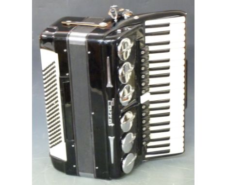 Parrot 120 bass piano accordion, 13 treble couplers and 4 bass couplers in black finish, in original hard carry case&nbsp;