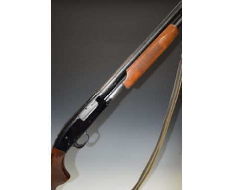 Mossberg New Haven 12 bore&nbsp;three shot pump action shotgun with chequered semi-pistol grip and forend, canvas and leather