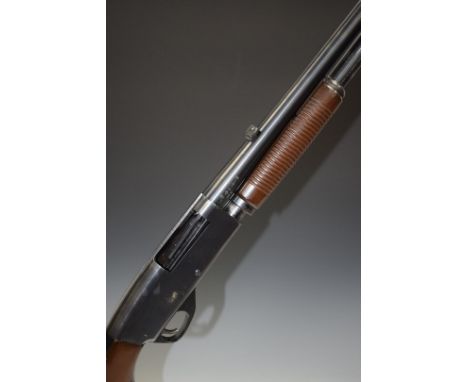 Stevens Model 67 Series E 12 bore five shot pump action shotgun with semi-pistol grip and named 24 inch barrel, overall lengt