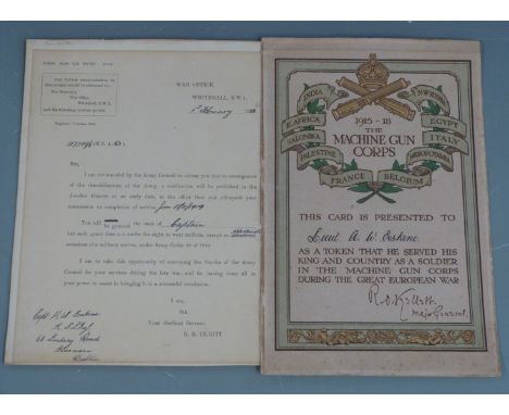 British Army WW1 Machine Gun Corps certificate presented to Lieutenant A W Erskine and his demobilization War Office letter d