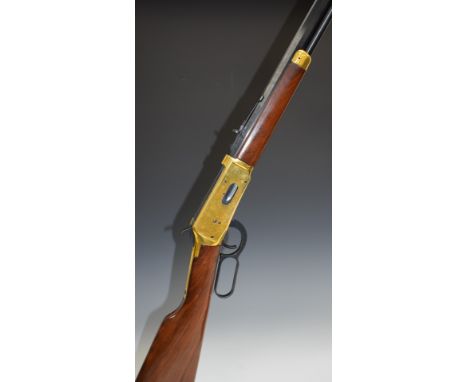 Winchester Centennial .30-30 underlever rifle with gold plated lock, butt plate and mounts, adjustable sights and named 20 in