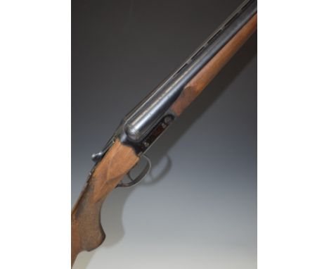 AYA 12&nbsp;bore side by side ejector shotgun with border engraved lock, trigger guard, underside, thumb lever, fences and to