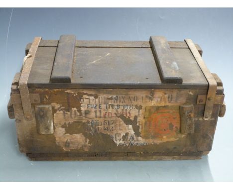 Vintage wooden military ammunition box, 51 x 26 x 23cm.&nbsp;