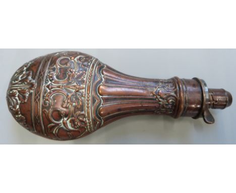G &amp; J W Hawksley copper and brass powder flask with embossed aesthetic style acanthus leaf decoration, 20.5cm long.&nbsp;