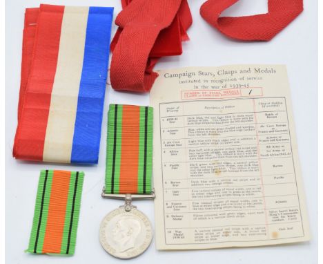 WW2 British Defence Medal for J R Fitch with box and postal envelope addressed to J R&nbsp; Fitch, Bletchley, Buckinghamshire