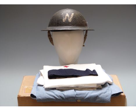 WW2 Home Front&nbsp;warden's steel helmet with liner and chin strap and a vintage nurse's uniform&nbsp;