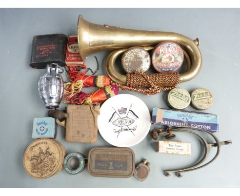 Quantity of military ephemera including Royal Artillery bugle, chrome hand grenade, junior leader's ashtray, Army Service Cor