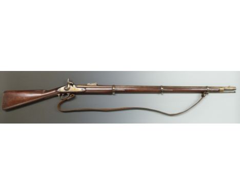 Enfield pattern three band percussion hammer action gun with 1827 Tower and crown over VR cypher to the lock, brass trigger g