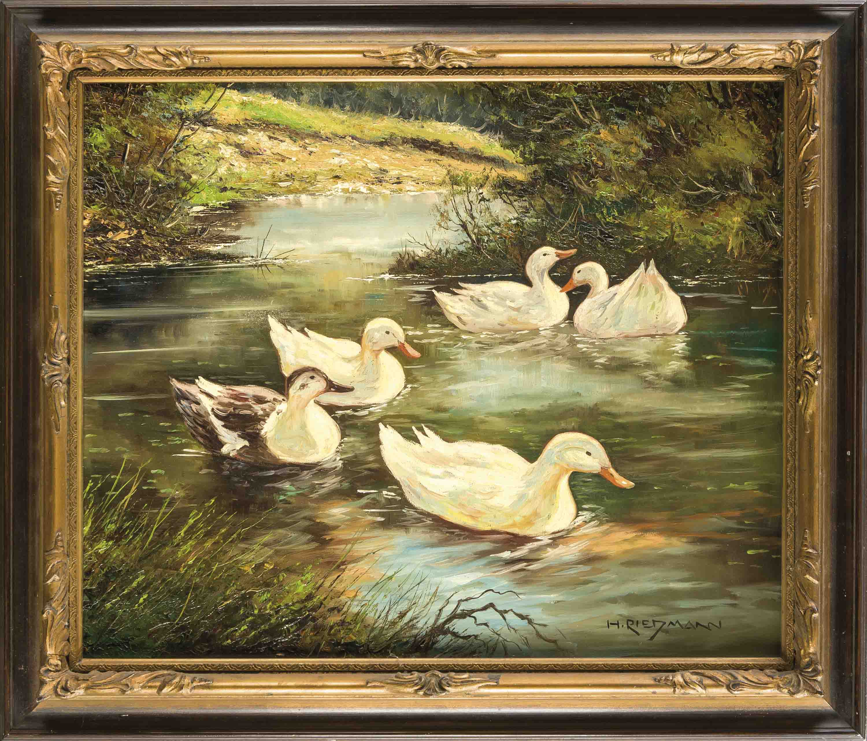 H. Riedmann, Maler Mitte 20. Jh., Enten auf einem Teich, Öl/Lwd., u. re