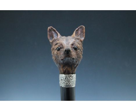 A VICTORIAN WALKING STICK WITH CARVED BLACK FOREST POMMEL IN THE FORM OF A TERRIERS HEAD, having inset glass eyes, hallmarked