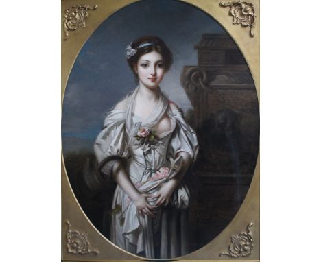 CIRCLE OF JEAN-BAPTISTE GREUZE (1725-1805). Portrait of a classical semi-clad maiden, oil on canvas, gilt framed, 110 x 83 cm