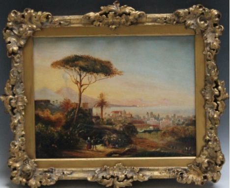 A 19TH CENTURY NEAPOLITAN SCENE, with figures in foreground and Vesuvius in the background, unsigned, oil on panel, framed, 2