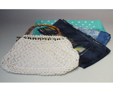 TWO VINTAGE LIBERTY OF LONDON SILK SCARVES, largest 64 x 64 cm, together with a polka dot vintage scarf and a vintage crochet