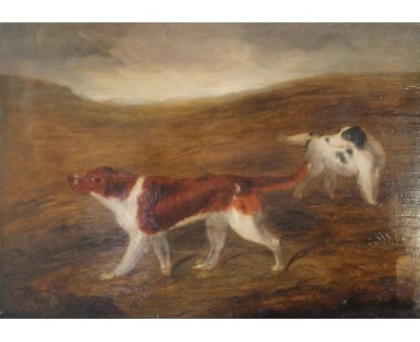 A STUDY OF GUNDOGS IN MOORLAND LANDSCAPE, signed with monogram lower left, oil on panel unframed, 27 x 37 cm