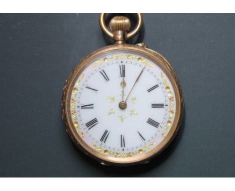 A 14K CASED OPEN FACED MANUAL WIND FOB WATCH,  having white enamel dial, Roman numeral hour markers, secondary outer minute t