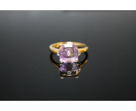 A HALLMARKED 9K GOLD AMETHYST AND DIAMOND RING, the amethyst measuring approx 10 mm x 10 mm ring size R 1/2