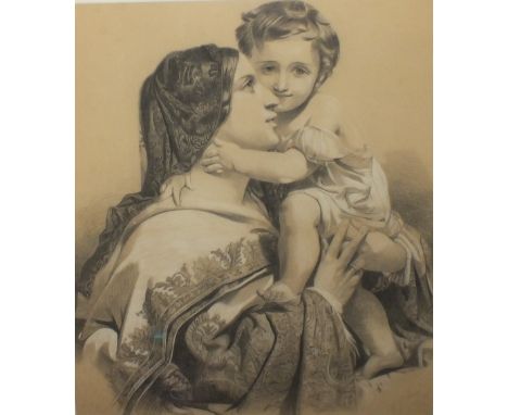 W.J.WARD (XIX). A portrait of a lady and child in period costume, pencil drawing, signed lower right, framed and glazed, 48.5