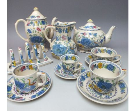 A LARGE QUANTITY OF MASONS IRONSTONE 'REGENCY' PATTERN TEA AND COFFEE WARE, to include tea pots, coffee pots, cups, saucers a