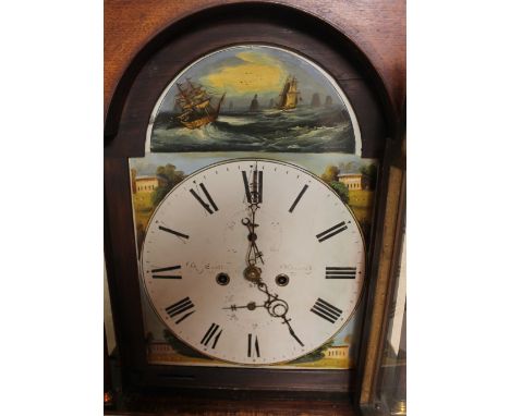 AN OAK 8 DAY LONGCASE CLOCK, having arched dial painted with maritime scene, dial bearing makers name, twin weights and pendu