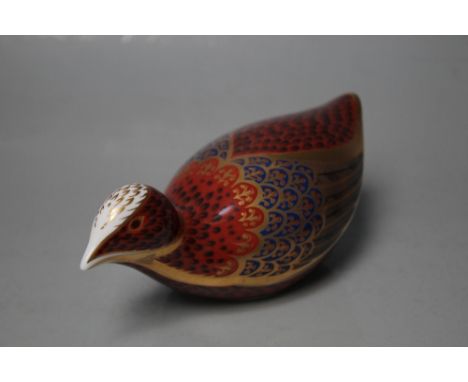 A ROYAL CROWN DERBY PAPERWEIGHT IN THE FORM OF A QUAIL, printed marks to base, gold stopper, W 14.2 cm