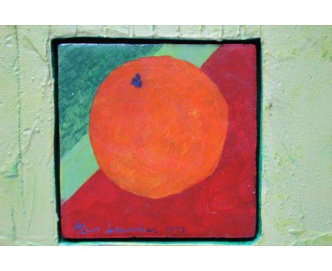 CIRCLE OF ALAN LOWNDES (1921-1978). Study of an orange, bearing signature and dated 1973, oil on panel, framed, 10 x 10 cm