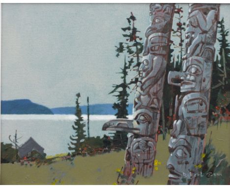 ROBERT GEKK.  A 21st century wooded lake scene with two totem poles 'Queen Charlotte's Light', see verso, signed bottom right