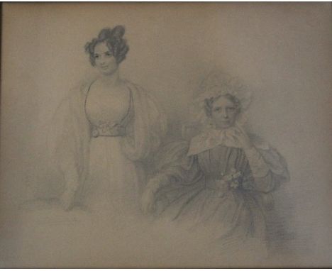 A VICTORIAN PORTRAIT OF TWO LADIES, one seated with bonnet, the other standing, signed lower right and dated 1838?, pencil dr