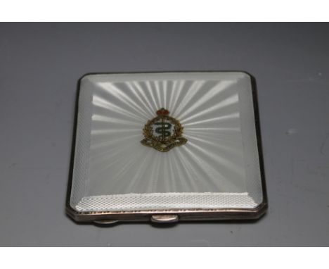 A HALLMARKED SILVER AND GUILLOCHE ENAMEL COMPACT FOR THE ROYAL ARMY MEDICAL CORPS BY DEAKIN & FRANCIS - BIRMINGHAM 1939,  hav