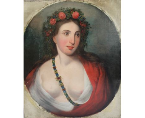 A 19TH CENTURY OVAL PORTRAIT OF A YOUNG WOMAN, with a garland of flowers in her hair and bared breasts, unsigned, oil on canv