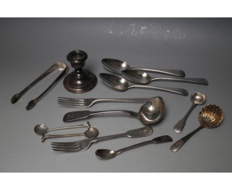 A COLLECTION OF GEORGIAN AND LATER HALLMARKED SILVER, to include a silver sauce ladle by William Eaton, sugar tongs, forks, s