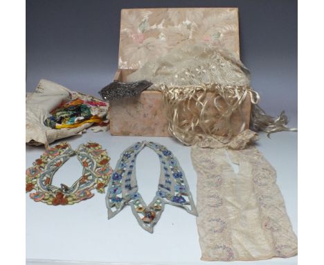 A COLLECTION OF VINTAGE TEXTILES ETC., to include two needlepoint collars - one having damages, a lace collar with embroidere