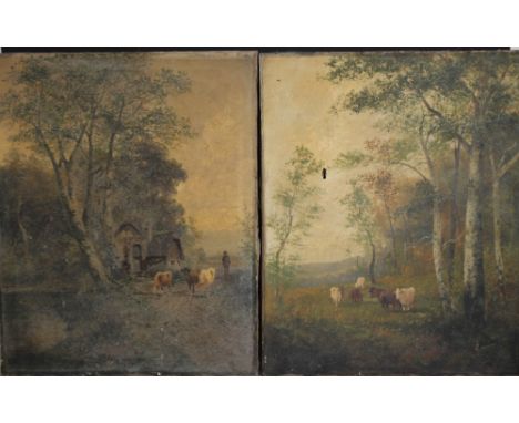 R. WAGNER.  A pair of late 19th / early 20th century wooded landscapes with cattle, one signed lower left, oils on canvas, un