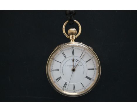 A HALLMARKED 18 CARAT GOLD OPEN FACED MANUAL WIND CHRONOGRAPH BY J HARGREAVES & CO OF LIVERPOOL, having white enamel dial, Ro