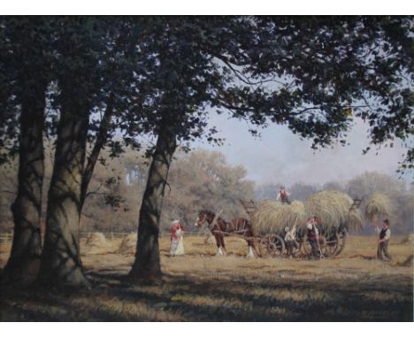 R MOSELEY (XX). Haymaking, signed lower right, oil on canvas, framed, 30 x 40 cm
